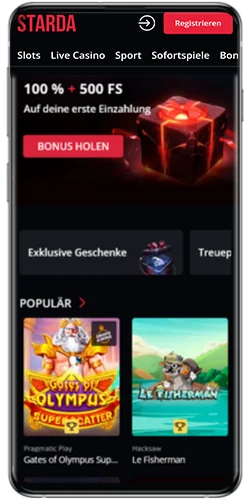 Starda Casino Android App – Hauptseite auf dem Smartphone